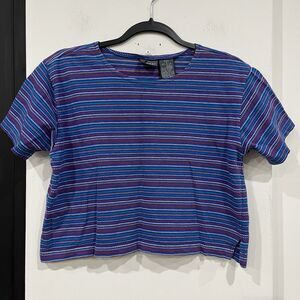Vintage Liz Wear Cotton Striped Boxy Crop Top T Shirt Petite Small Retro